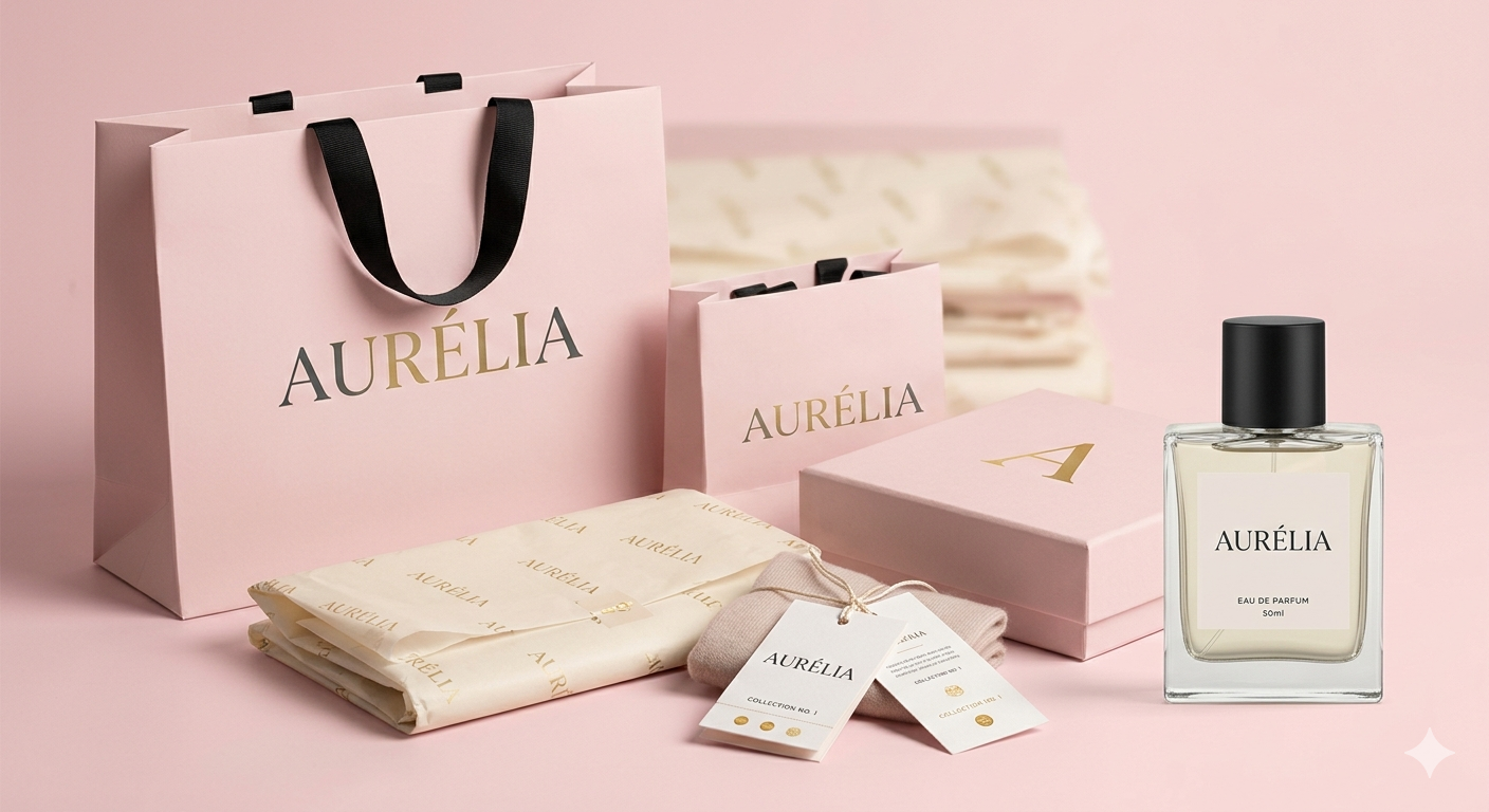 Amara — luxury fashion brand with elegant serif wordmark and pastel pink palette